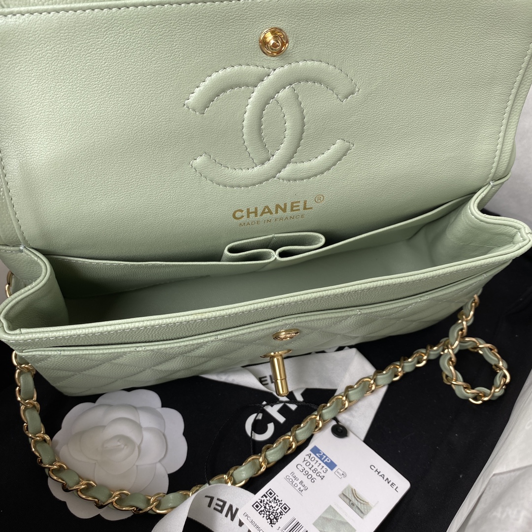 Classic Flap Caviar Bag A01113 Light Green/Gold